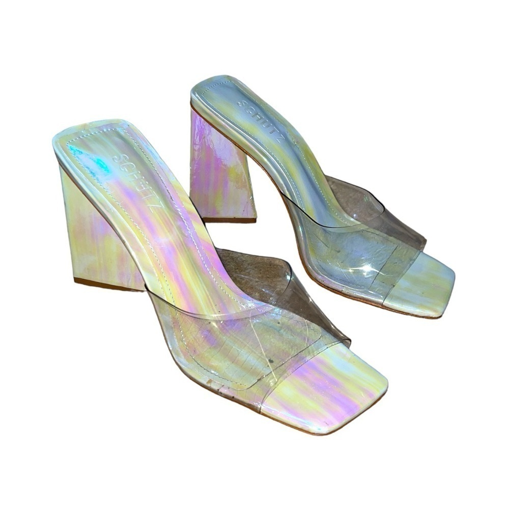 Schutz Lizah Vinyl multicolor transparent clear strap women’s mule heels size 8B